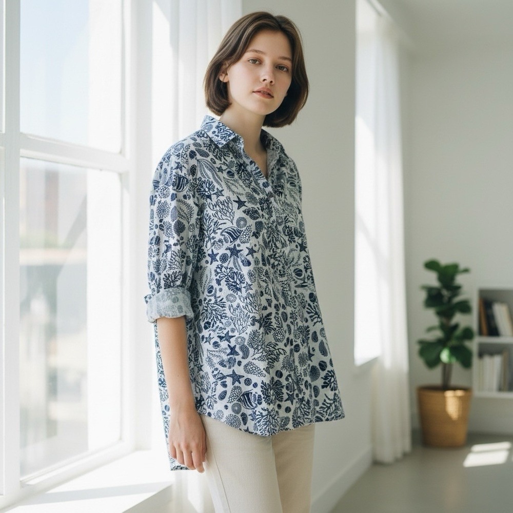 Sigrid Olsen Linen Button Down Top Women's Medium Blue White Coastal‎ Print